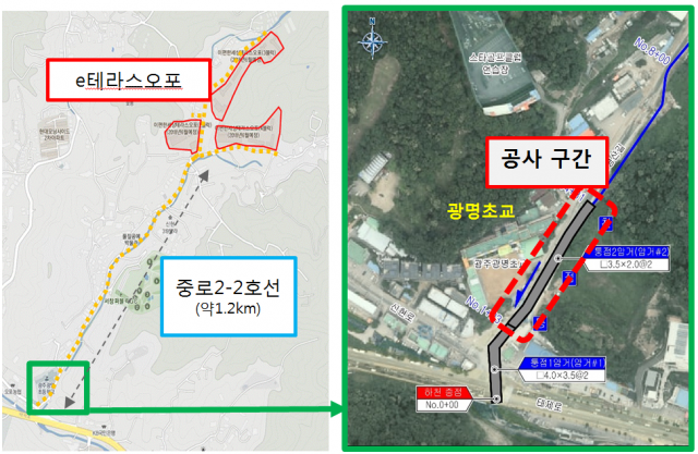 광주시 오포읍 신현리 주민들이 아파트 인허가 조건인 광명초등학교 앞 소하천 확장공사를 놓고 시와 갈등을 빚고 있다. 사진은 소하천공사 지도. 광주시 제공