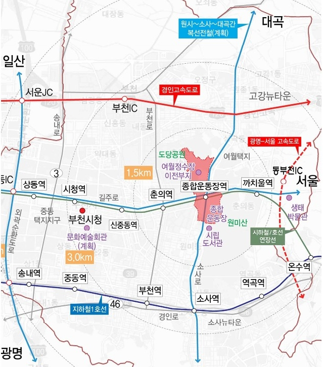 부천시가 추진 중인 종합운동장 역세권 융복합개발사업이 속도를 내고 있다. 사진은 부천 종합운동장 역세권 융복합개발사업 위치도. 부천시 제공