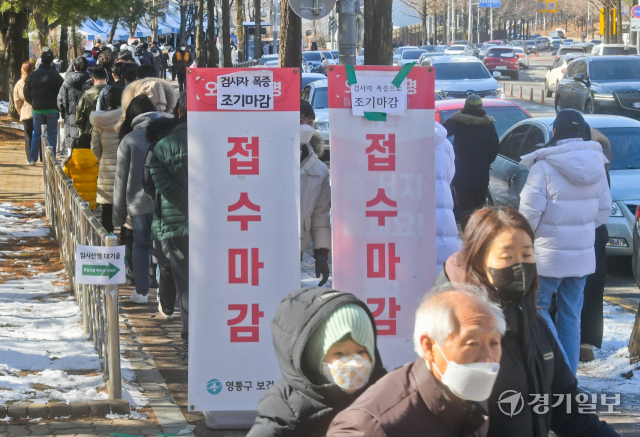 설 연휴 마지막 날인 2일 오전 수원시 영통구 보건소에서 코로나19 검사를 받기위한 시민들이 몰려 조기마감돼 검사를 받지 못하는 시민들이 발길을 돌리고 있다. 윤원규기자