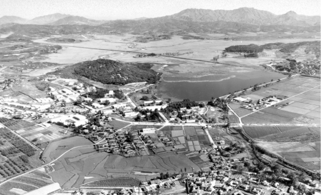 ▲ 1962년 농촌진흥청 발족 당시 여기산 아래 축만제의 모습이 담긴 전경 사진. 농촌진흥 50년사 발췌.