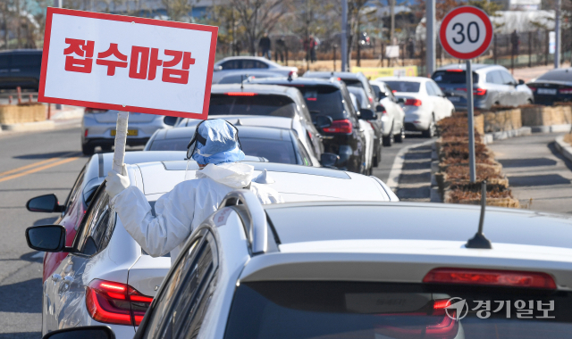 코로나19 변이 바이러스인 오미크론의 확산으로 인천지역에 사상 최다인 1만1천63명의 1일 신규 확진자가쏟아져 나온 23일 오전 10시 50분께 연수구 선학경기장 드라이브스루 임시선별검사소 입구에서 의료진이 밀려드는 검사객 차량행렬속에서 조기 접수마감 안내를 하고 있다. 장용준기자