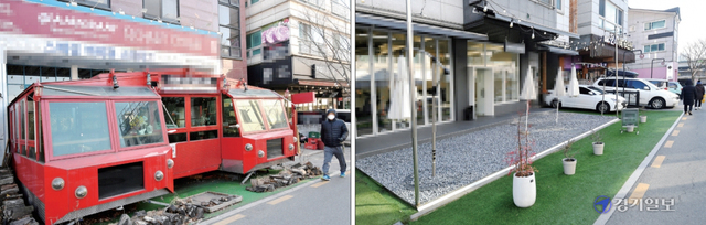 지난 23일 용인특례시 보정동 카페거리내 일부 카페들이 주차장 부지를 불법 개조해 영업 공간으로 이용하고 있다. 김시범기자