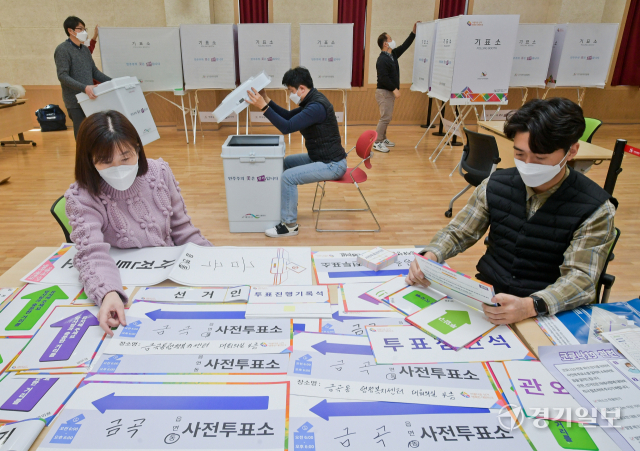제20대 대통령선거 사전투표를 하루 앞둔 3일 오전 수원특례시 권선구 금곡동 행정복지센터에서 관계자들이 사전투표소를 설치하고 있다. 윤원규기자
