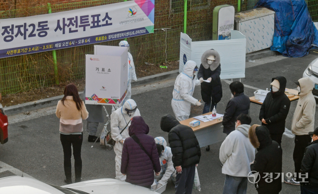 5일 오후 수원특례시 정자2동행정복지센터 앞 임시기표소에서 코로나19 확진·격리자들이 투표하기 위해 대기하고 있다. 윤원규기자