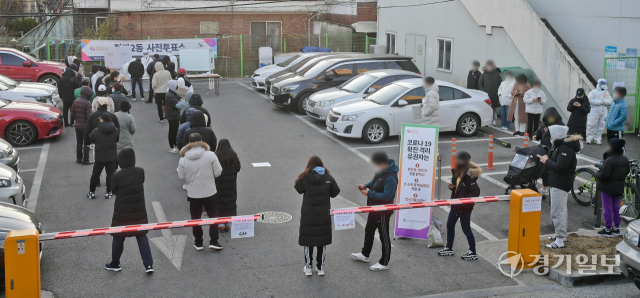 5일 오후 수원특례시 정자2동행정복지센터 앞 임시기표소에서 코로나19 확진·격리자들이 투표하기 위해 대기하고 있다. 윤원규기자