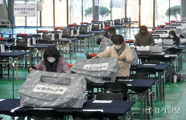 제20대 대통령선거를 이틀 앞둔 7일 오후 수원특례시 권선구 정현중보들테니스센터에 설치된 개표소에서 관계자들이 개표 장비 점검 및 교육을 하고 있다. 사전투표 당시 논란을 빚었던 코로나19 확진자 및 격리자의 투표 방법이 이날 확정되면서 각 지역 선거관리위원회는 투·개표 사무원들을 대상으로 관련 교육을 강화했다. 김시범기자