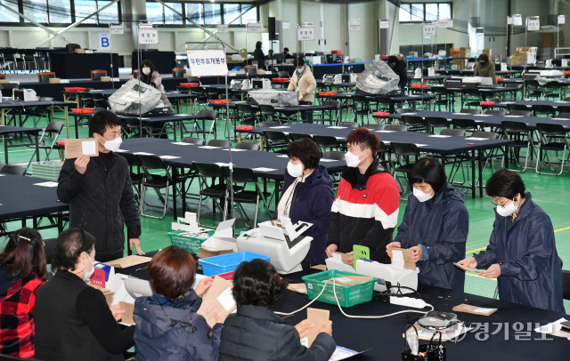 제20대 대통령선거를 이틀 앞둔 7일 오후 수원특례시 권선구 정현중보들테니스센터에 설치된 개표소에서 관계자들이 개표 장비 점검 및 교육을 하고 있다. 사전투표 당시 논란을 빚었던 코로나19 확진자 및 격리자의 투표 방법이 이날 확정되면서 각 지역 선거관리위원회는 투·개표 사무원들을 대상으로 관련 교육을 강화했다. 김시범기자