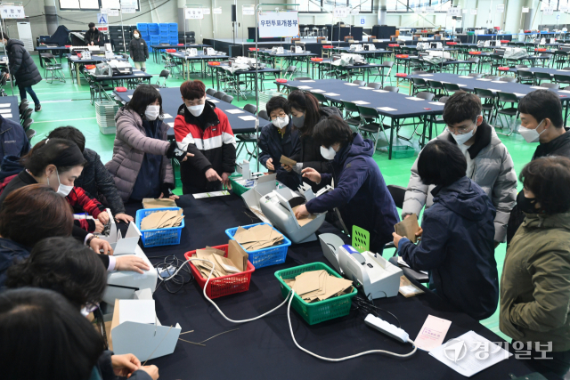 제20대 대통령선거를 이틀 앞둔 7일 오후 수원특례시 권선구 정현중보들테니스센터에 설치된 개표소에서 관계자들이 개표 장비 점검 및 교육을 하고 있다. 사전투표 당시 논란을 빚었던 코로나19 확진자 및 격리자의 투표 방법이 이날 확정되면서 각 지역 선거관리위원회는 투·개표 사무원들을 대상으로 관련 교육을 강화했다. 김시범기자