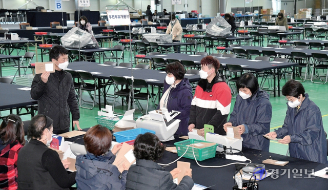 제20대 대통령선거를 이틀 앞둔 7일 오후 수원특례시 권선구 정현중보들테니스센터에 설치된 개표소에서 관계자들이 개표 장비 점검 및 교육을 하고 있다. 사전투표 당시 논란을 빚었던 코로나19 확진자 및 격리자의 투표 방법이 이날 확정되면서 각 지역 선거관리위원회는 투•개표 사무원들을 대상으로 관련 교육을 강화했다. 김시범기자