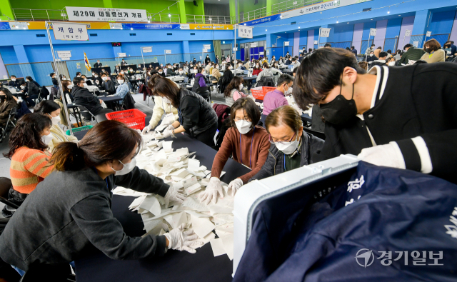 9일 오후 수원특례시 종합운동장에 마련한 제20대 대통령선거 개표소에서 관계자들이 개표작업을 하고 있다. 윤원규기자