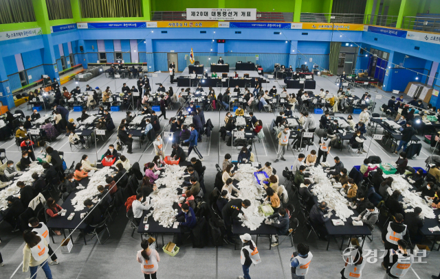 9일 오후 수원특례시 종합운동장에 마련한 제20대 대통령선거 개표소에서 관계자들이 개표작업을 하고 있다. 윤원규기자