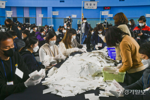 9일 오후 수원특례시 종합운동장에 마련한 제20대 대통령선거 개표소에서 관계자들이 개표작업을 하고 있다. 윤원규기자