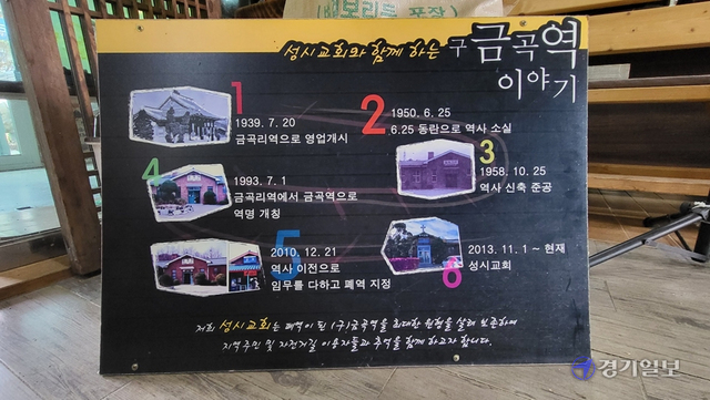 ▲ 도시개발 구역에 속해 철거 논란이 있었던 구 금곡역을 관리하고 보존하며 활용하고 있는 박영환 성시교회 담임목사가 만든 '성시교회와 함께 하는 구 금곡역 이야기' 안내판.