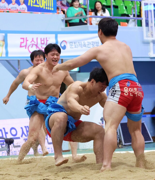 서지덕의 승리로 단체전 우승이 확정된 순간 용인시청 선수들이 환호하고 있다.연합뉴스