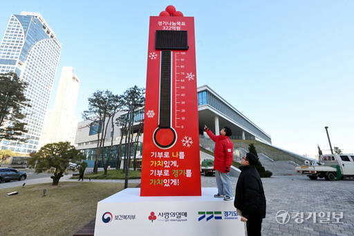 경기사회복지공동모금회 관계자들이 30일 오후 수원컨벤션센터 앞에 설치된 사랑의 온도탑을 점검하고 있다. 경기사랑의열매는 오는 1일 제막식과 함께 내년 1월 말까지 322억원을 목표로 '희망2024나눔캠페인'을 진행한다. 김시범기