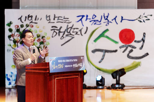 지난 6일 수원특례시자원봉사센터 창립 20주년을 맞아 경기도경제과학진흥원에서 개최된 ‘제20회 수원시자원봉사자의 날 기념행사’에서 이재준 수원특례시장이 인사말을 하고 있다. 수원특례시 제공