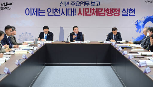 26일 시청 장미홀에서 유정복 인천시장이 환경국, 교통국, 해양항공국의 환경·교통·해양항공 분야 2024년 주요업무보고를 받고 있다. 인천시 제공