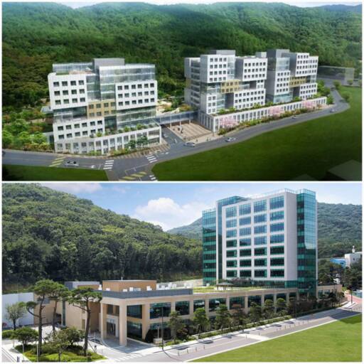인천 계양구 계산동 계산종합의료단지의 요양병원인 서송병원 전경(아래)과 당초 계산종합의료단지 조감도(위). 현재 조감도상 A동(오른쪽)·B동(가운데)은 준공, C동(왼쪽)은 공사를 시작하지 않았다. 인천시·서송병원 제공.