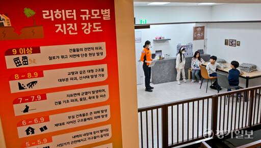 지난 1일 일본 도야마현에서 규모 7.4의 지진이 발생한 가운데 2일 오후 경기도 국민안전체험관에서 어린이들이 지진 대피요령을 교육받고 있다. 윤원규기자