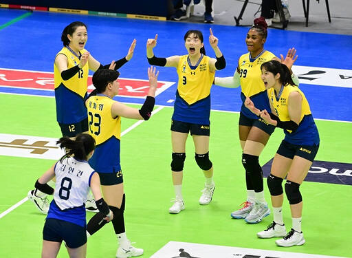 14일 수원실내체육관에서 벌어진 도드람 2023-2024 V리그 여자부 홈경기서 수원 현대건설 선수들이 득점 후 환호하고 있다.KOVO 제공