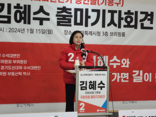 김혜수 국민의힘 경기도당 수석대변인이 15일 오전 용인시청 브리핑룸에서 제22대 총선 출마 기자회견을 하고 있다. 강한수기자