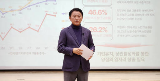 김동근 의정부시장이 18일 시청 대강당에서 열린 갑진년(甲辰年) 새해 기자회견에서 ‘내 삶을 바꾸는 도시, 의정부를 위한 2024년 계획’을 발표하고 있다. 김창학기자