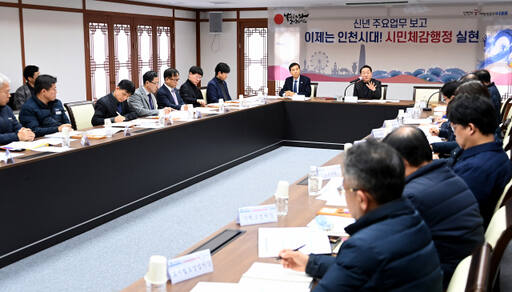 유정복 인천시장이 19일 시청 장미홀에서 인천교통공사 2024년 주요 업무보고를 받고 있다. 인천시 제공