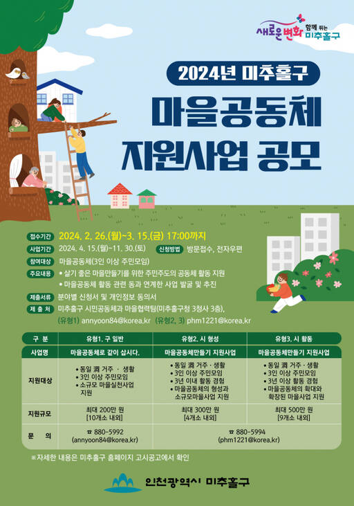 인천 미추홀구가 오는 26일부터 3월15일까지 ‘2024년 마을공동체 지원사업’에 참여할 공동체를 모집한다. 미추홀구 제공