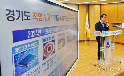 임태희 경기도교육감이 27일 부천공업고등학교에서 ‘경기도 직업계고 미래교육 재구조화’ 추진 계획을 발표하고 있다. 경기도 직업계고 미래교육 재구조화는 학령인구 감소와 산업구조 변화에 따라 108개 직업계고등학교를 미래형 직업교육 모델학교 70개교로 전환하고 취․창업센터를 설립하는 등 7년 계획을 가진 전국 최초 정책 사업이다. 윤원규기자