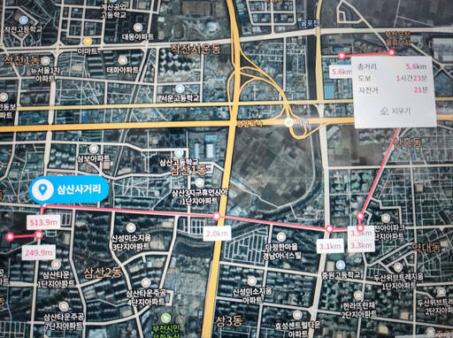 부천 삼정동 IDC(퍼시픽피치) 데이터센터가 특고압 전력 공급을 위해 갈산변전소로부터 센터까지 특고압 지중선로 경과지. 네이버 지도 캡쳐
