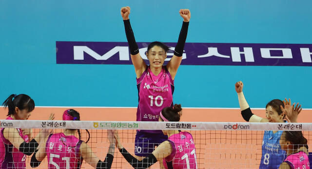 22일 인천 삼산월드체육관에서 열린 프로배구 여자부 플레이오프 1차전 인천 흥국생명과 대전 정관장의 경기서 득점에 성공한 김연경 등 흥국생명 선수들이 환호하고 있다.연합뉴스
