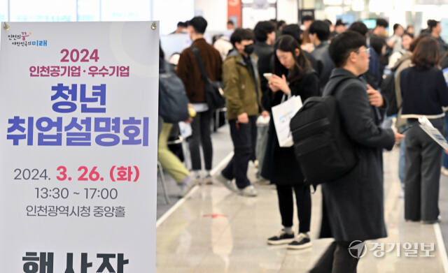 26일 인천시청 중앙홀에서 열린 '2024 인천공기업·우수기업 청년취업설명회'를 찾은 구직자들이 참가 업체부스에서 취업 관련 설명을 듣고 있다. 조병석기자
