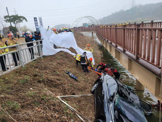29일 오전 11시 8분 경기도 시흥시 물왕호수에서 승용차가 물에 빠져 70대 남녀가 사망하는 사고가 발생했다. 시흥소방서 제공