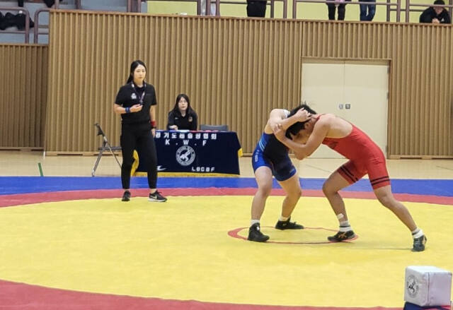 29일 파주 문산국민체육센터에서 열린 제53회 전국소년체전 레슬링 경기도대표 선발전에서 선수들이 경기를 펼치고 있다.경기도레슬링협회 제공