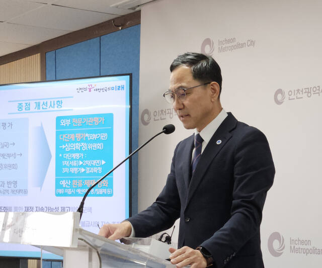 4일 인천시청 브리핑룸에서 김상길 시 재정기획관이 ‘재정기획관 기자브리핑’을 열고 주요 현안 사업 등을 말하고 있다. 박귀빈기자