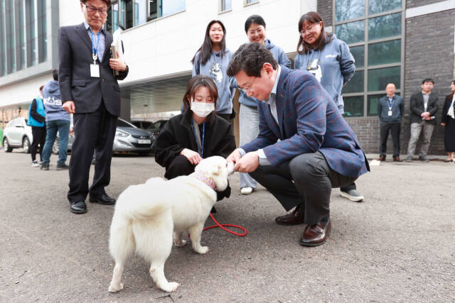 지난 8일 오후 용인시 동물보호센터에서 열린 ‘제5회 반려동물의 날’ 기념행사에 참석한 이상일 시장이 유기견과 교감하고 있다. 용인특례시 제공