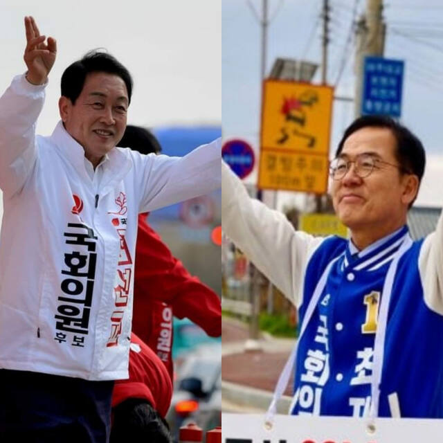 국힘 김선교 후보(완쪽)와 민주 최재관 후보(오른쪽)가 유세현장에서 주민들에게 손을 들어 지지를 호소하고 있다(사진=SNS캡쳐)