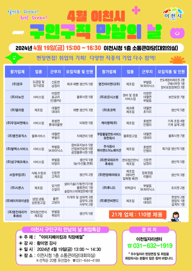 이천시 4월 구인구직 만남의 날 행사 안내 포스터. 이천시 제공