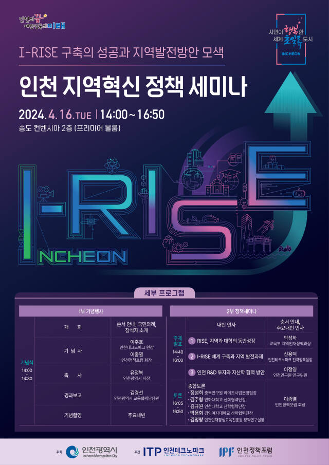 인천테크노파크(인천TP)와 인천시가 주최하는 16일 인천 송도국제도시 컨벤시아에서 열리는 ‘인천 지역혁신 정책 세미나’ 포스터. 인천TP 제공