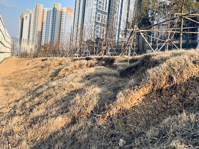 LH 광명시흥사업본부가 시행 중인 시흥장현택지지구 내 장현휴먼시아 2차 아파트 주변 ‘경관녹지 14호’ 조성 공사 현장 녹지 주변 100여m가 넘는 구간 경사면이 심하게 무너져 내린 채 방치되고 있다. 김형수기자