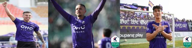FC안양 선두 질주의 주역인 (왼쪽부터)마테우스, 단레이, 김운 ‘신입 삼총사’. 한국프로축구연맹 제공