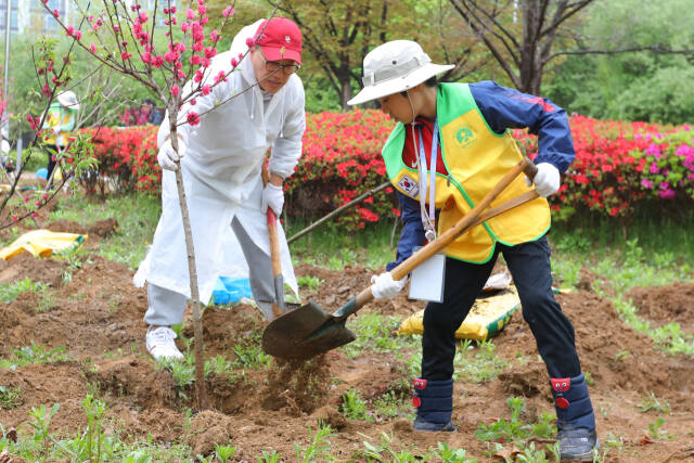 ㈔온해피와 한국남동발전이 지난 20일 인천 연수구 송도3호 완충녹지에서 탄소상쇄 도시 숲 조성을 위한 나무 심기 캠페인을 통해 왕벚나무와 홍도화 등을 심고 있다. 온해피 제공