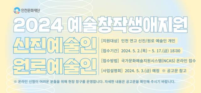 (재)인천문화재단이 예술창작생애지원(신진/원로) 사업 참여 희망자를 공모한다. 인천문화재단 제공