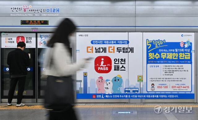 인천시의 대중교통 요금 할인 지원 정책인 '인천 I-패스' 서비스가 시작된 지난 1일 인천도시철도 1호선 인천터미널역에 지하철에 'I-패스' 광고가 걸려 있다. 경기일보 DB