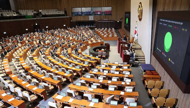 5월 2일 여의도 국회에서 열린 본회의에서 ‘해병대 채상병 사망사건 수사외압 의혹 특별검사법’이 야당 단독으로 통과되고 있다. 연합뉴스