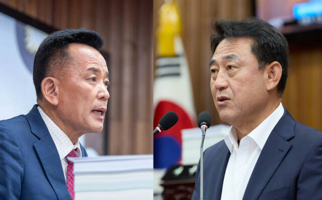 이충우 여주시장(오른쪽)과 정병관 시의장이 행정기구 조직개편안 통과를 두고 논쟁을 벌이고 있다. 여주시의회 제공