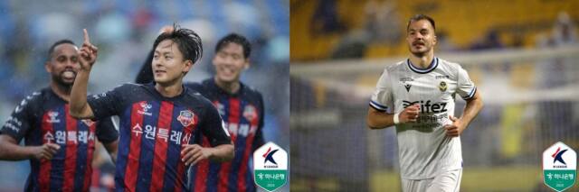 수원FC 공격의 핵인 이승우(왼쪽)와 인천 유나이티드의 간판 골잡이 무고사.프로축구연맹 제공