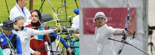 ‘수원 2024 아시아컵 국제양궁대회’ 여자 리커브서 최미선(왼쪽)과 오예진이 금메달을 놓고 맞붙는다.연합뉴스