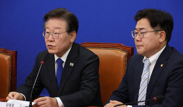 더불어민주당 이재명 대표가 7일 국회에서 열린 최고위원회의에서 발언을 하고 있다. 연합뉴스