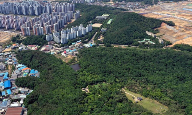 경기 김포시 풍무동 장릉 인근 인천시 서구 검단신도시에 신축 아파트들이 우뚝 서 있다. 조선 왕릉인 장릉은 문화재 보존지역으로 묶여있다./연합뉴스
